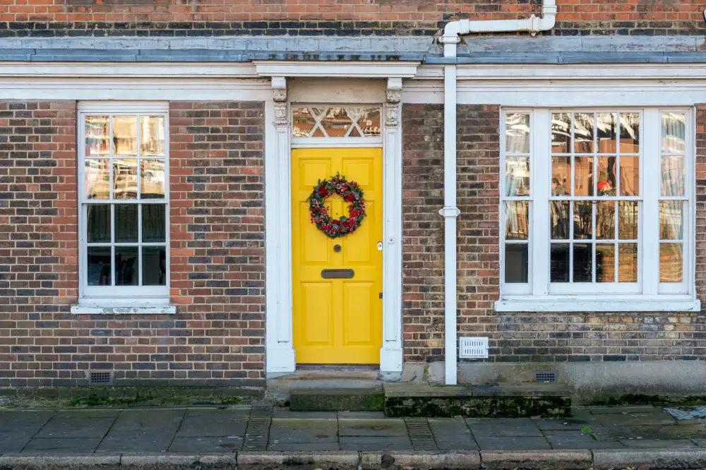 Yellow timber front door on a red-brick terraced house – locksmith Erdington help with timber, uPVC and composite door locks from Locksmith Birmingham