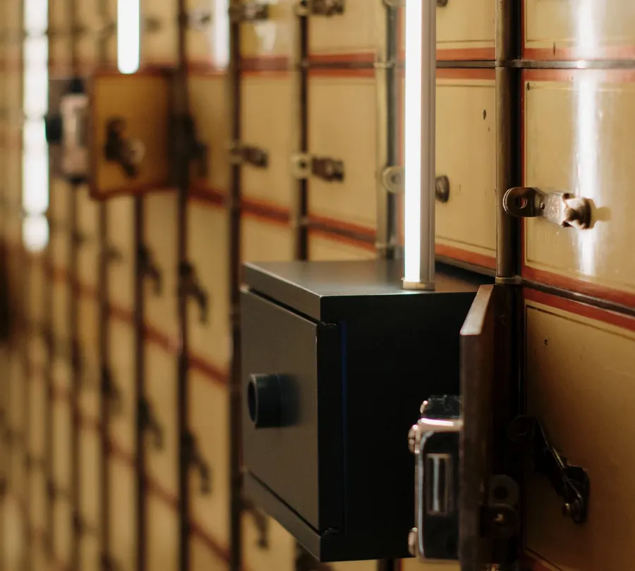 Safe deposit box with a key in the lock